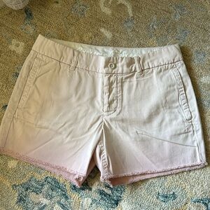 JCREW Broken-In Boyfriend light pink chino shorts with raw hem at bottom
